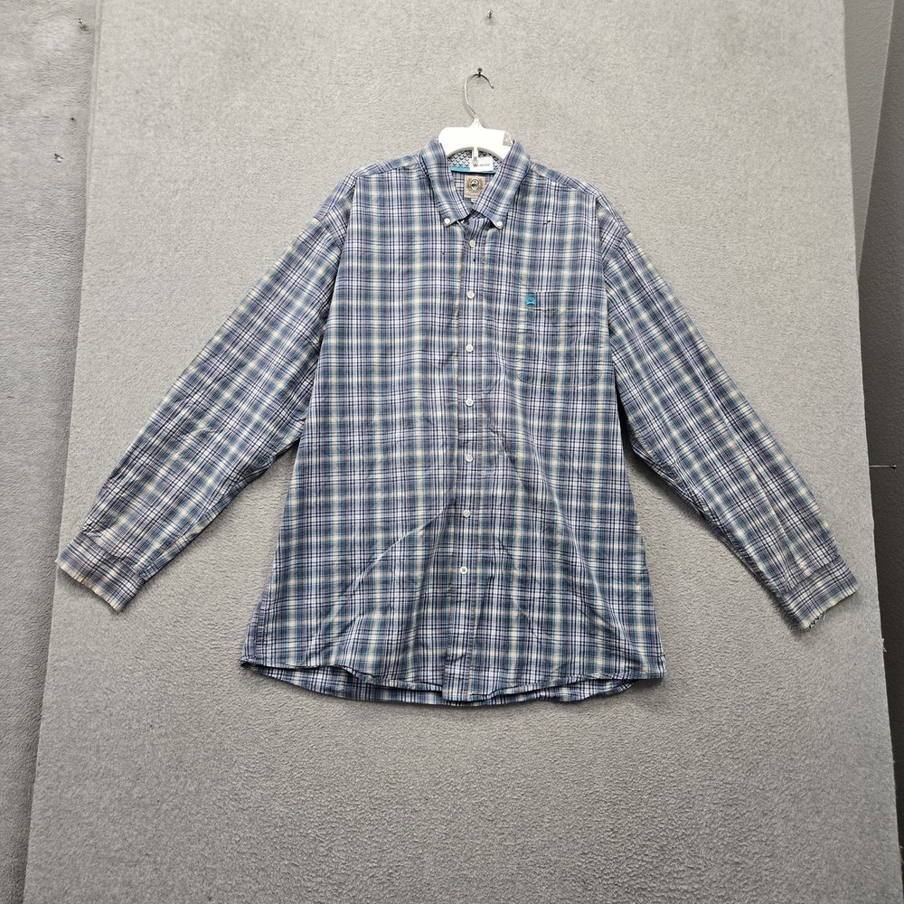 Cinch Men Button Up Shirt XL Blue Plaid Western Logo Embroidered Long Sleeve